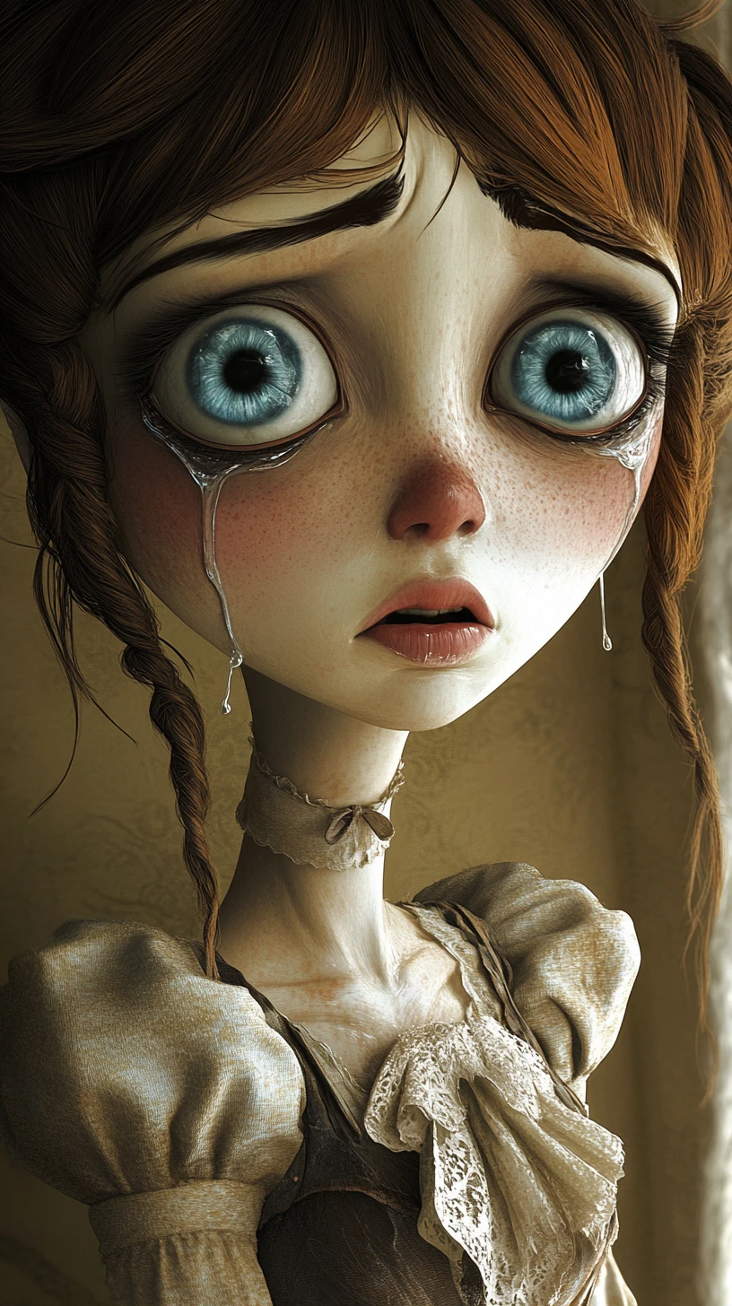Mujer llorando de ojos azules en un retrato caricaturesco estilizado