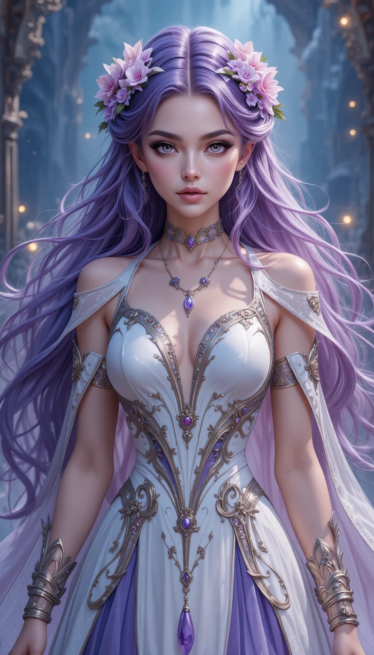 Joven bruja de anime con cabello violeta y joyas