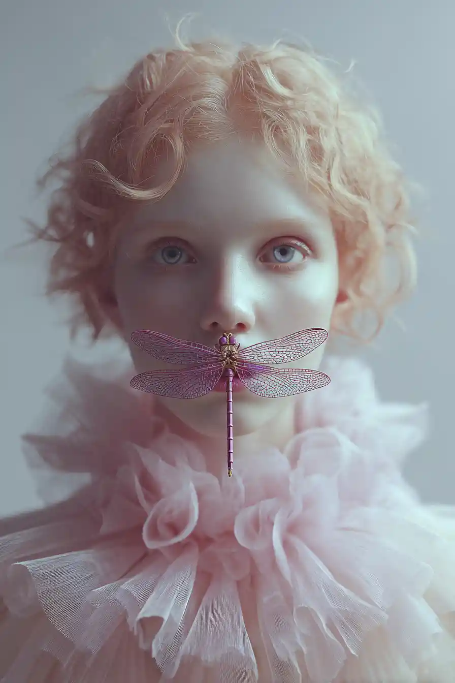 Surreal close up portrait with dragonfly on pink lips