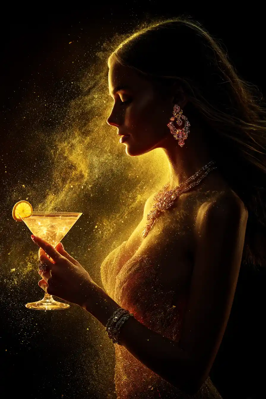 Donna Glamour alla Luce Dorata con Martini Frizzante