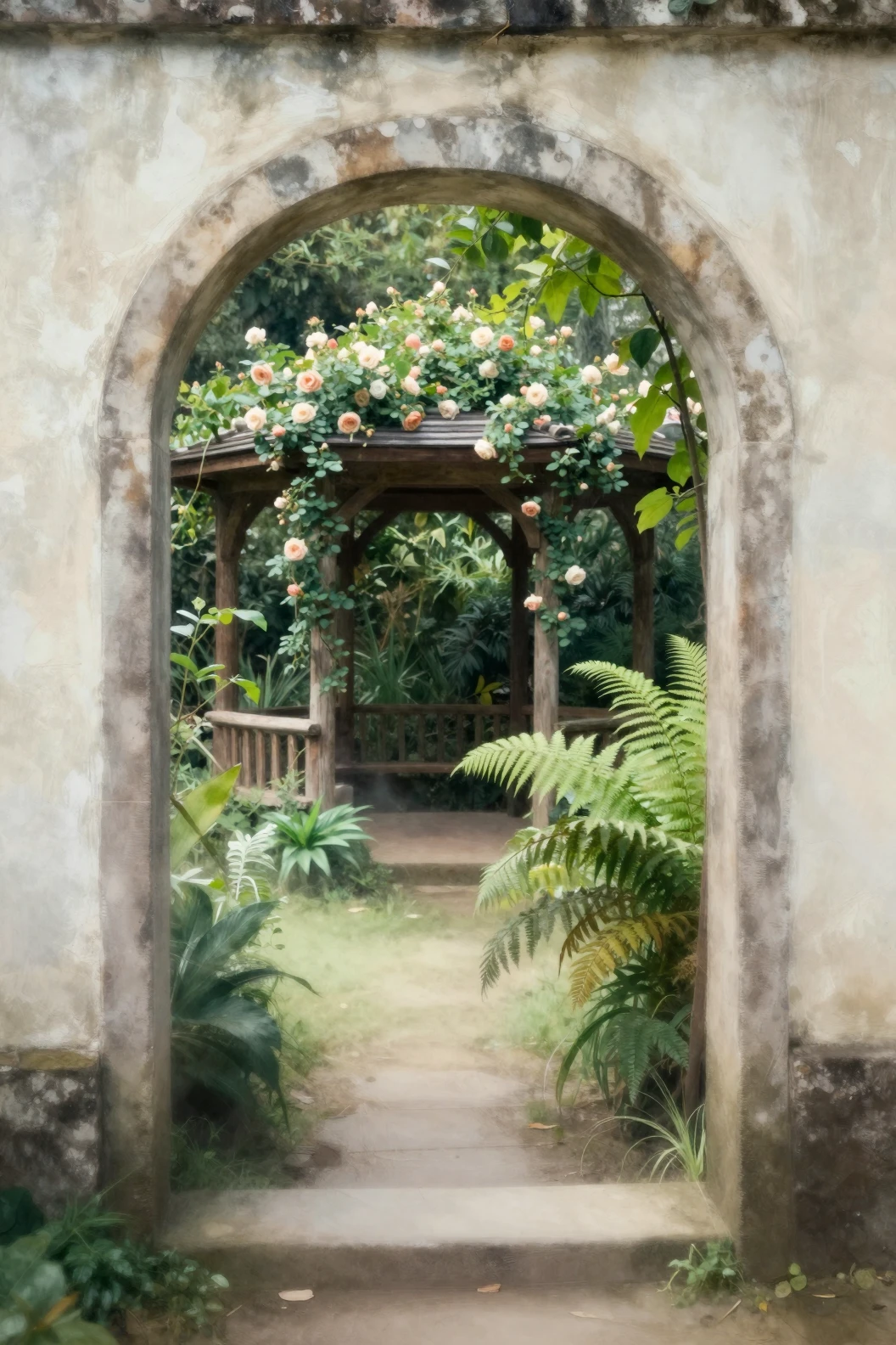 Arco de piedra desgastada que se abre a un santuario de jardín oculto