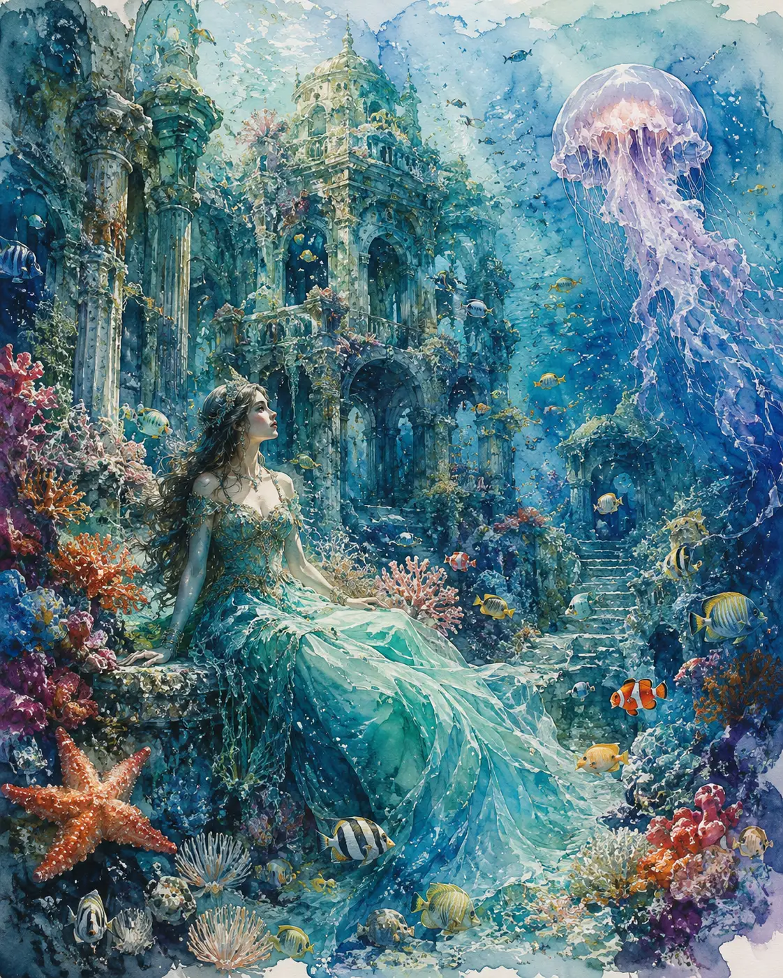Princesa en un místico palacio submarino de coral y piedra