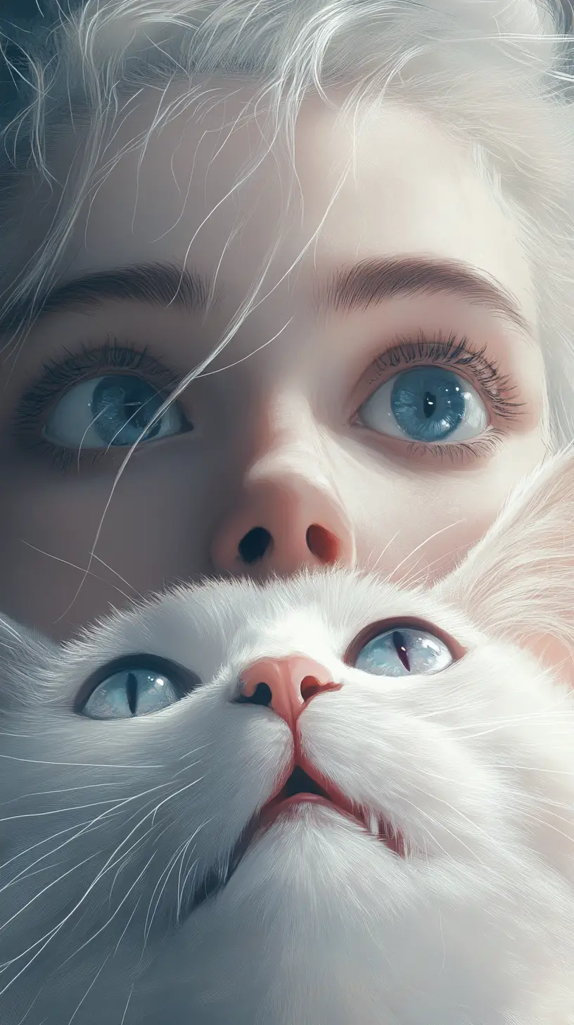 Chica de estilo caricatura y gato blanco vistos desde abajo
