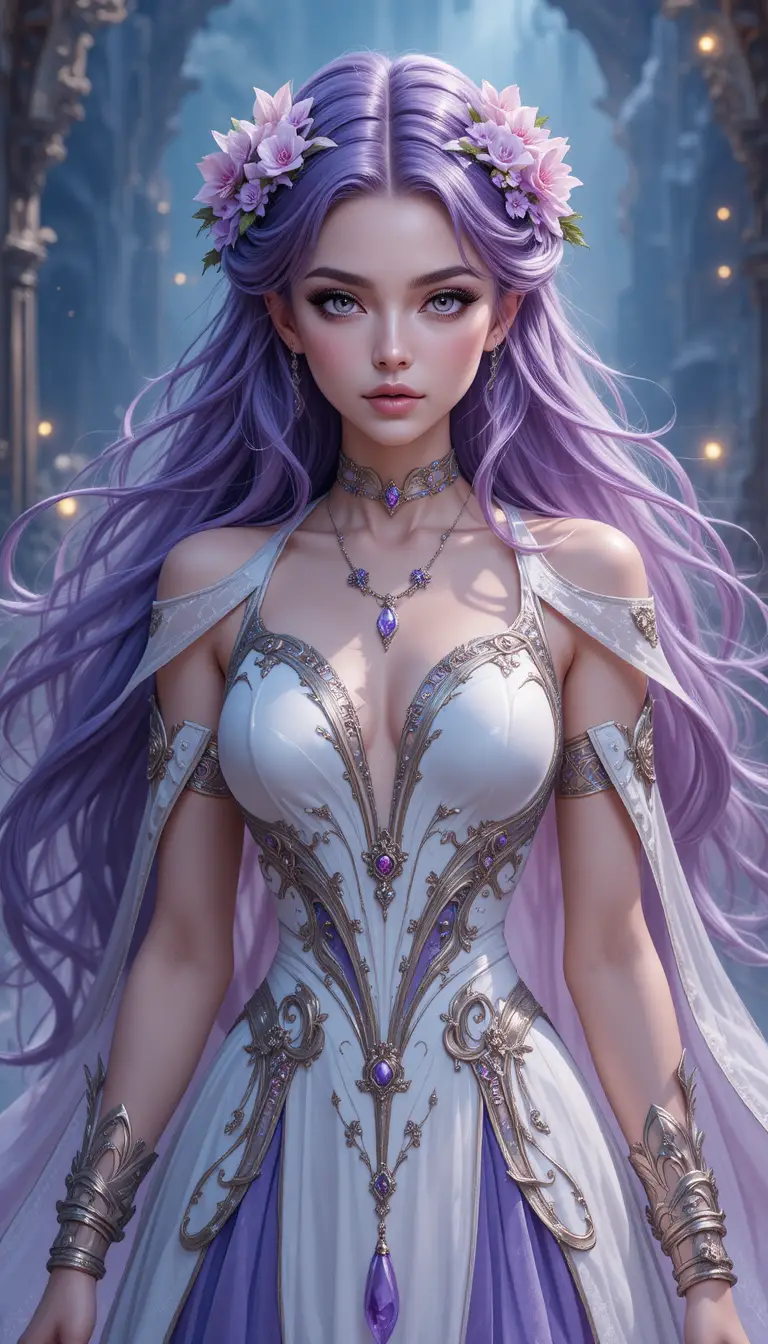 Junge Anime-Hexenmädchen mit violetten Haaren und Schmuck