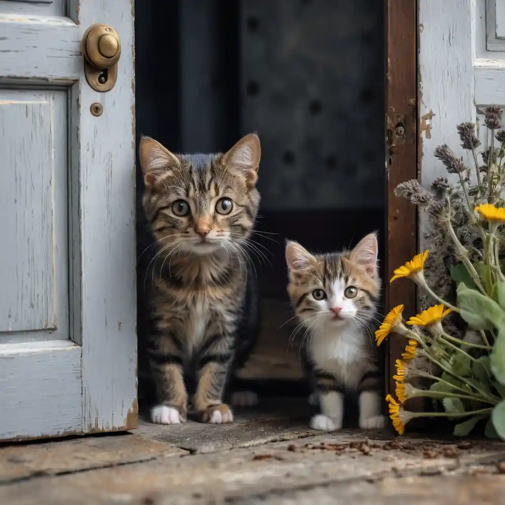 Ratón atigrado y gatito esponjoso escondidos junto a una puerta