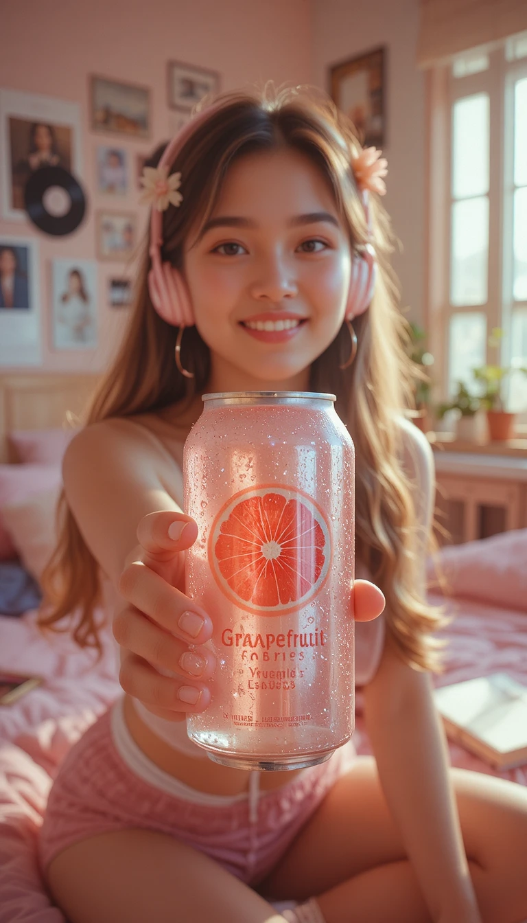 Chica sonriente ofreciendo bebida de pomelo rosa en un dormitorio acogedor
