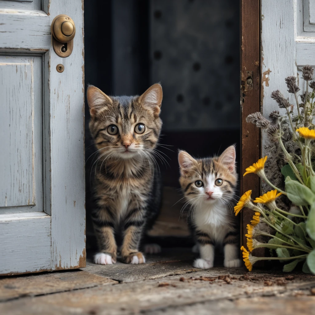 Ratón atigrado y gatito esponjoso escondidos junto a una puerta