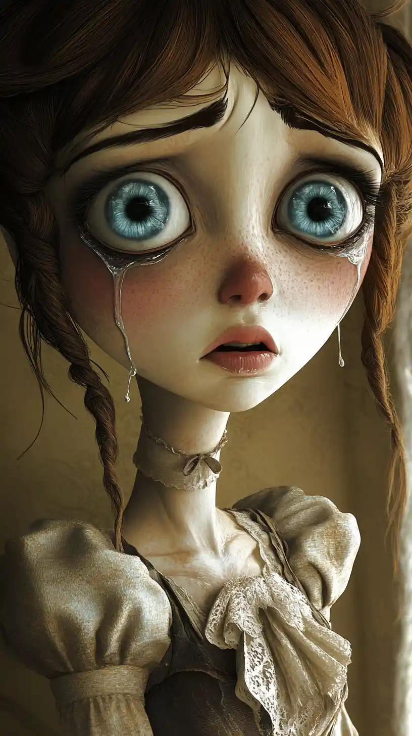 Mujer llorando de ojos azules en un retrato caricaturesco estilizado