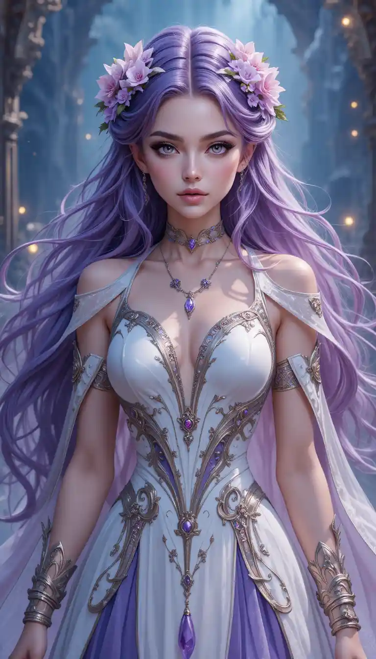 Joven bruja de anime con cabello violeta y joyas