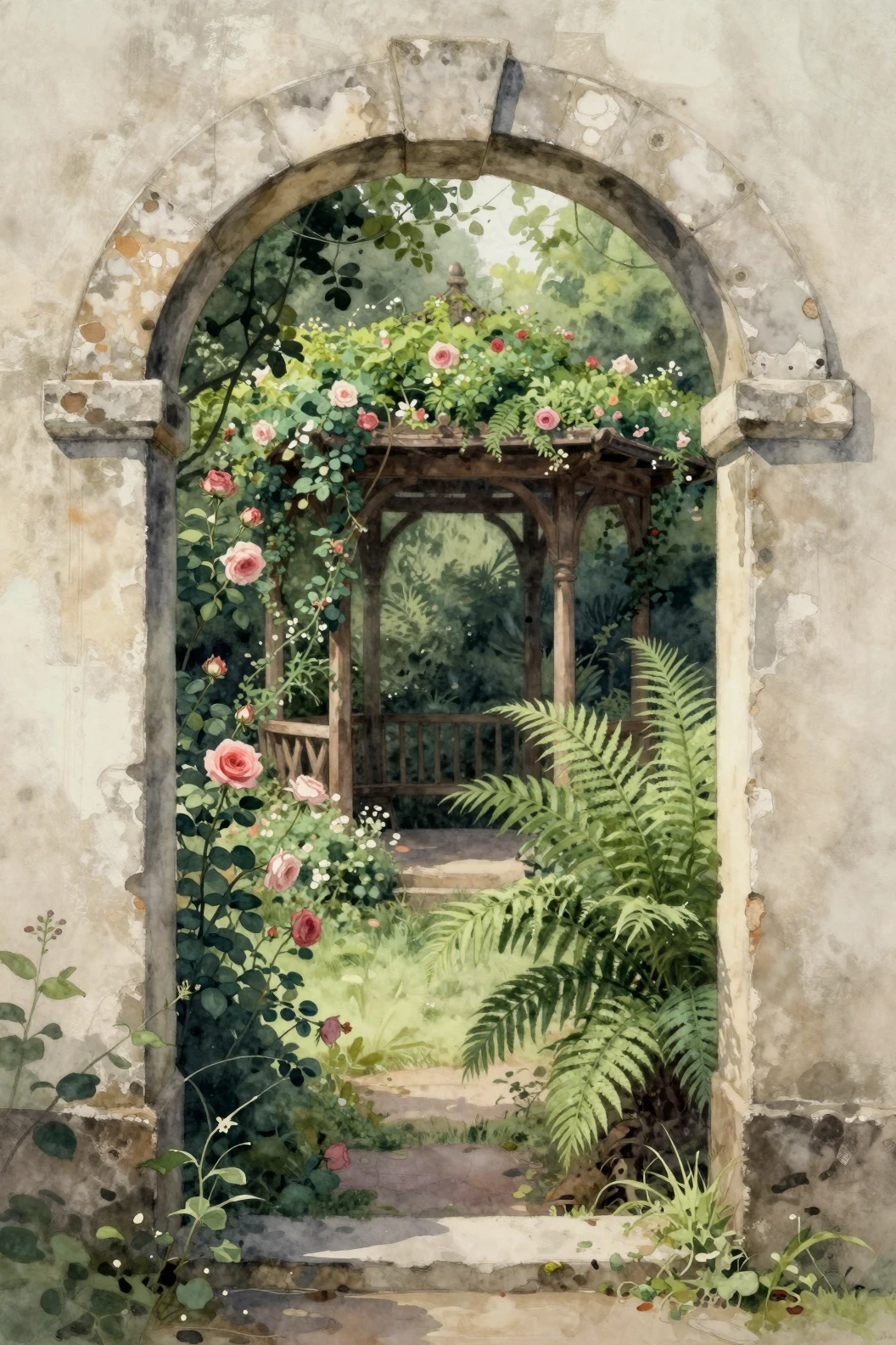 Arco de piedra desgastada que se abre a un jardín secreto