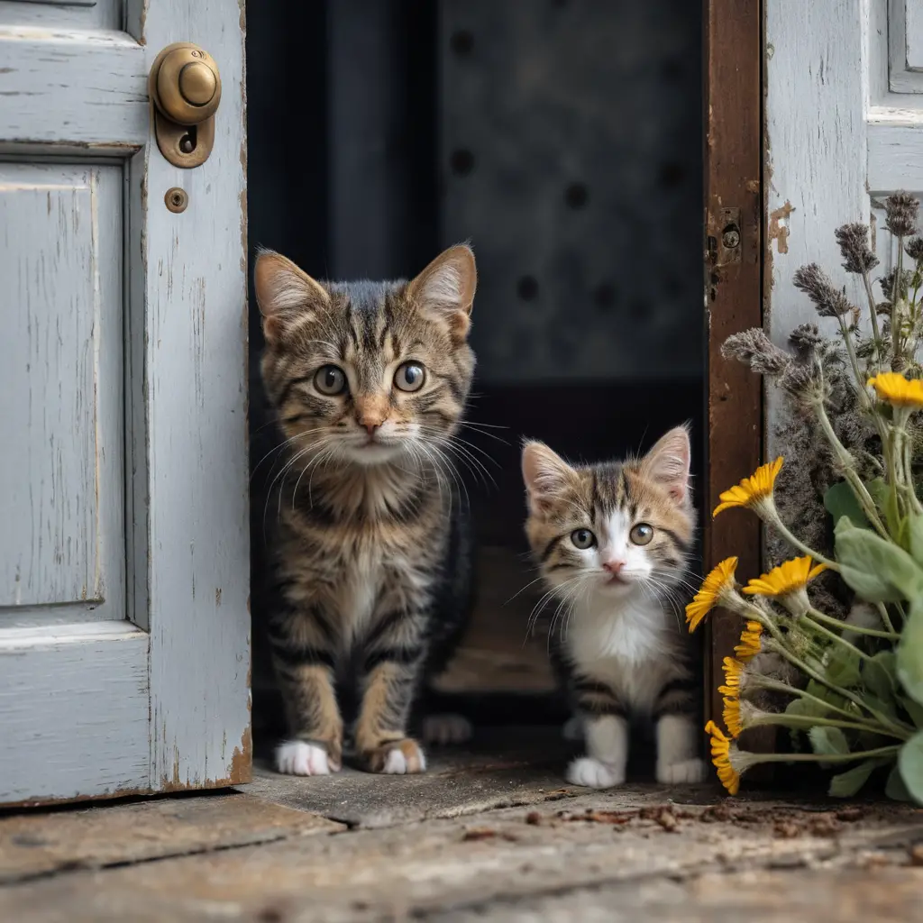 Topino tigrato e gattino soffice nascosti vicino a una porta