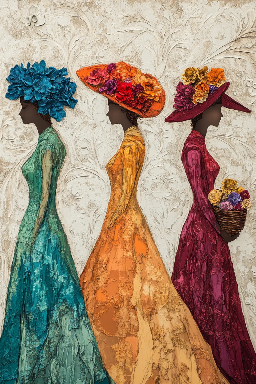 Cuatro mujeres elegantes con vestidos texturizados y sombreros dramáticos