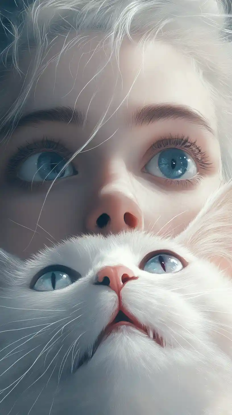 Chica de estilo caricatura y gato blanco vistos desde abajo