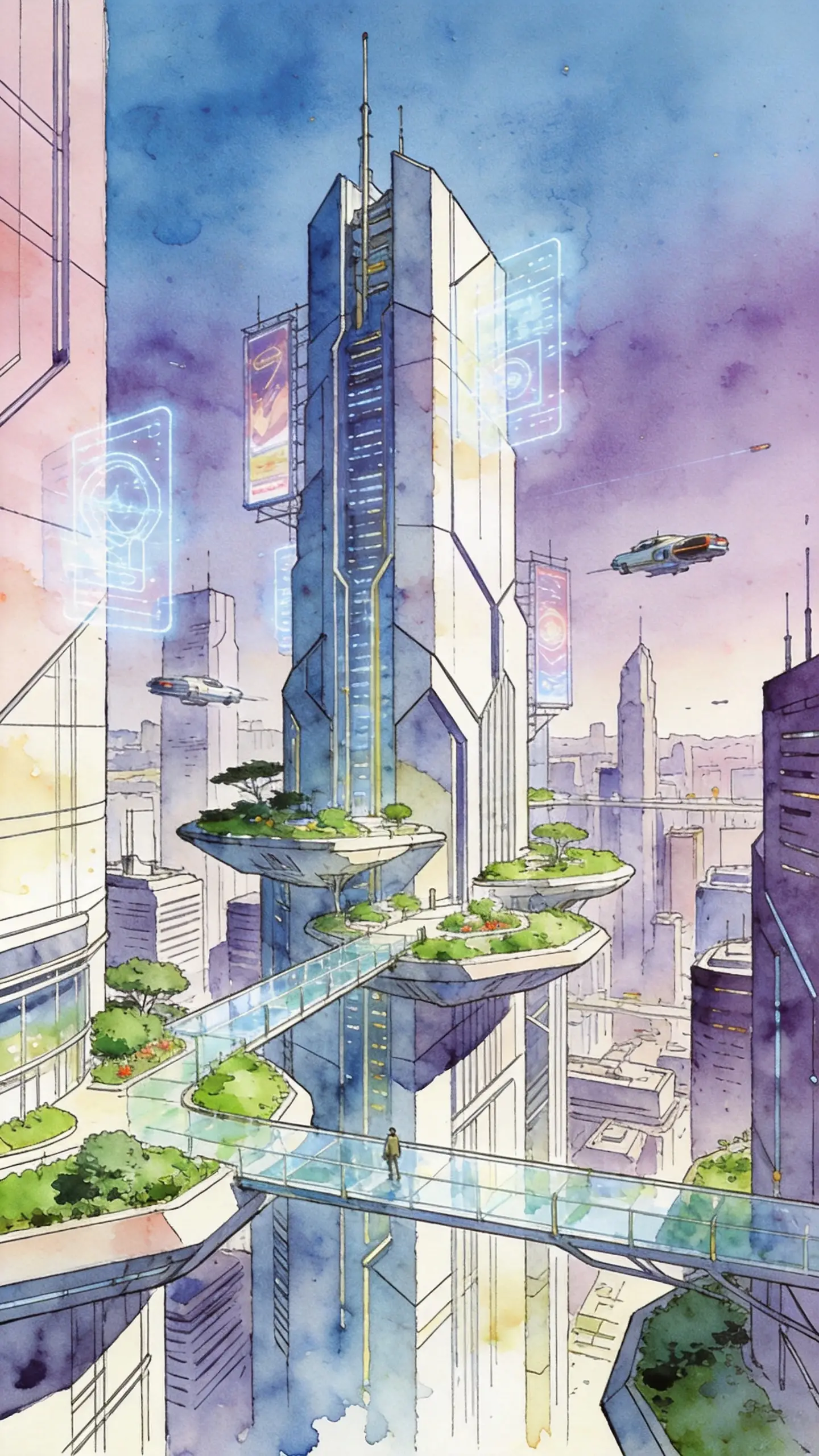 Ciudad utópica futurista en ilustración de acuarela y lápiz