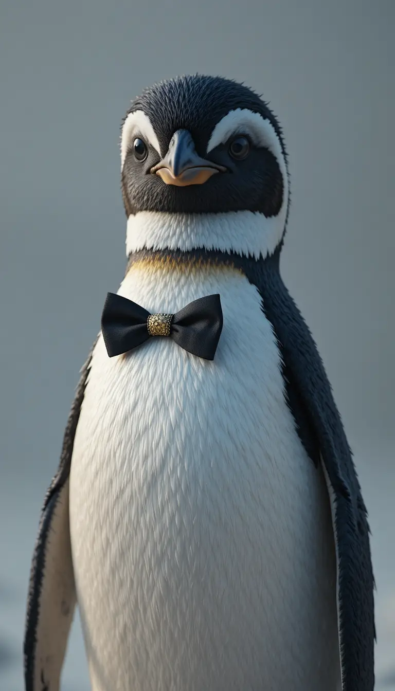 Pinguino elegante con papillon in ritratto dallo stile cinematografico