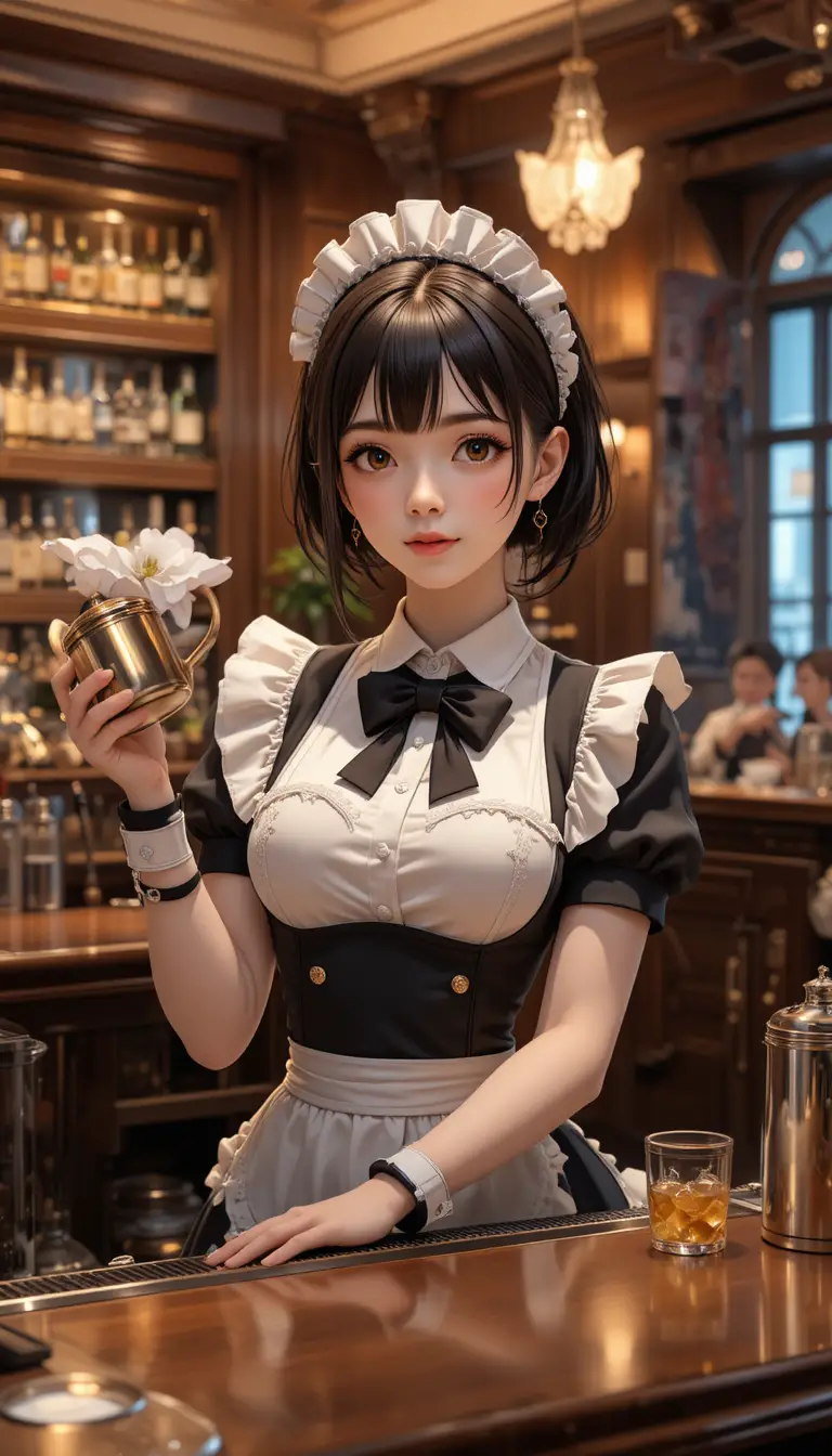 Atendente de bar maid de anime sorrindo atrás de um aconchegante café-bar