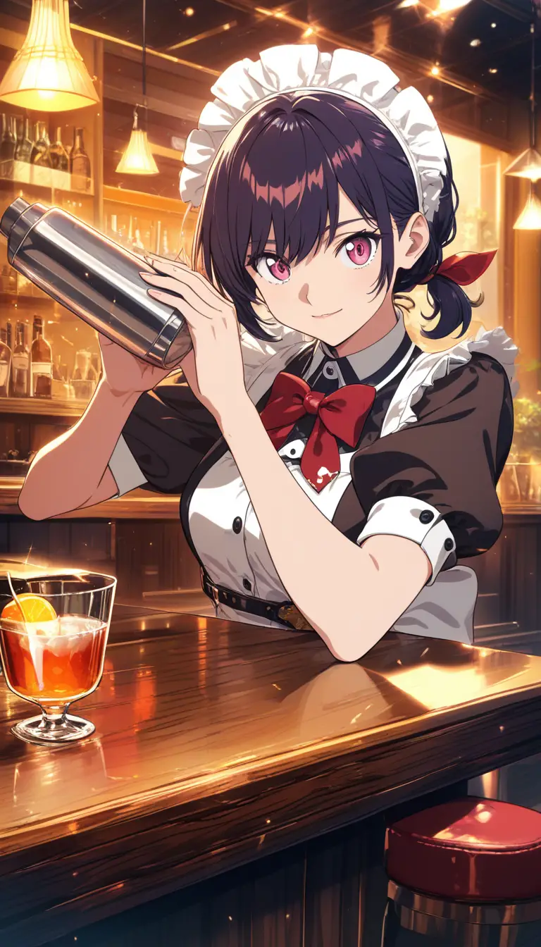 Garçonete de anime bartendeira em aconchegante café de madeira