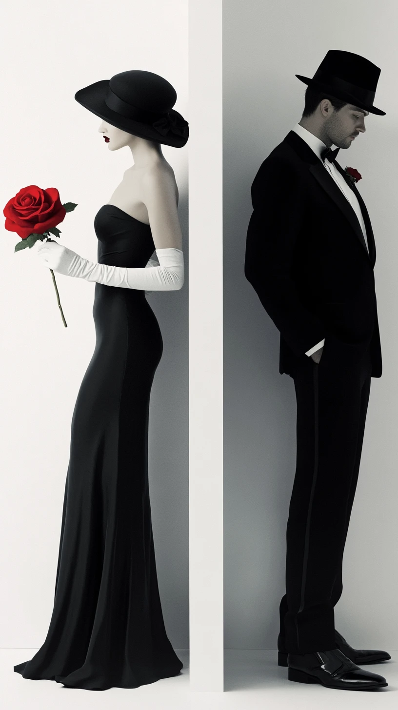 Pareja elegante con moda negra y una sola rosa roja