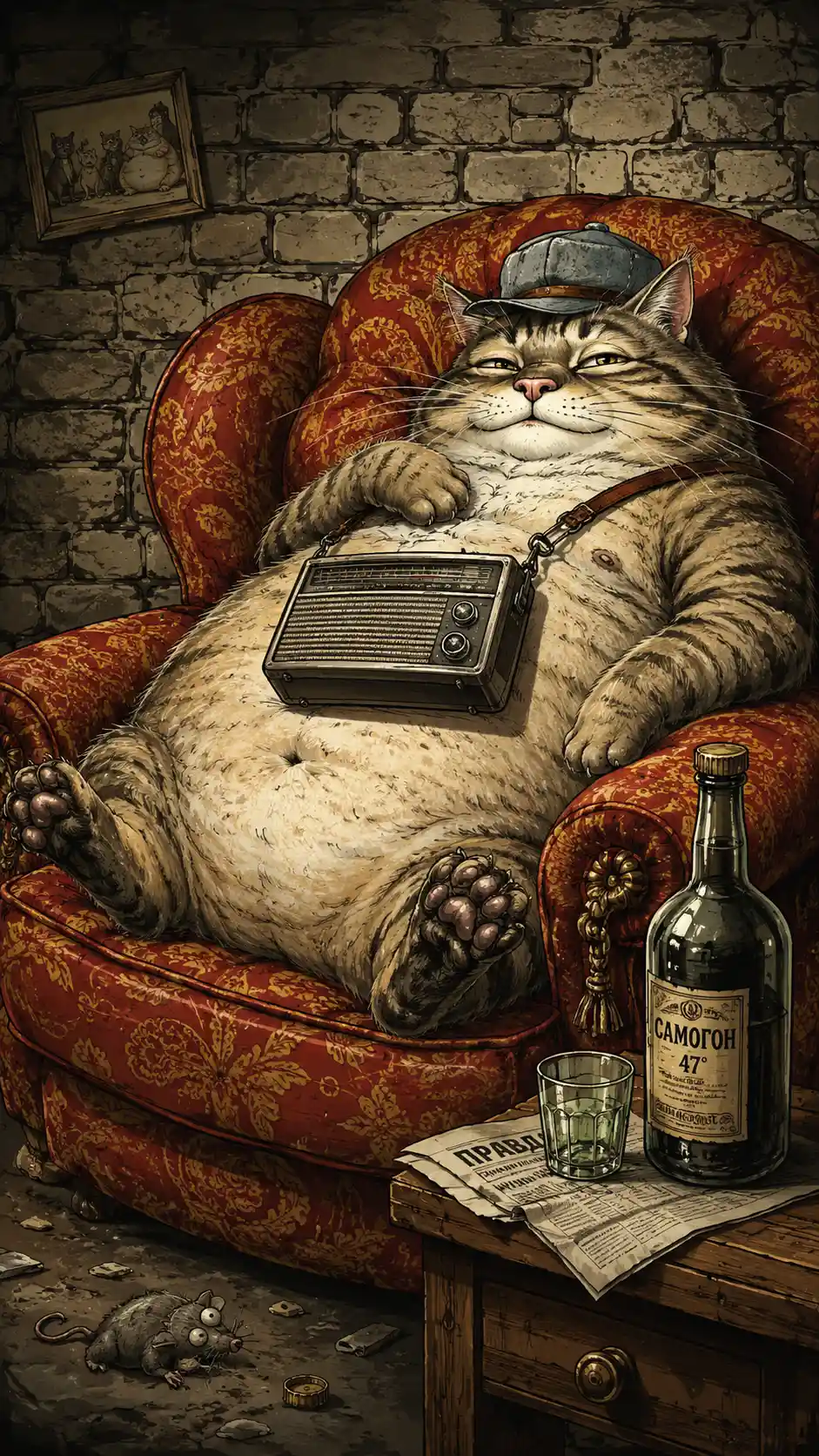 Lazy striped cartoon cat relaxing in a plush armchair
