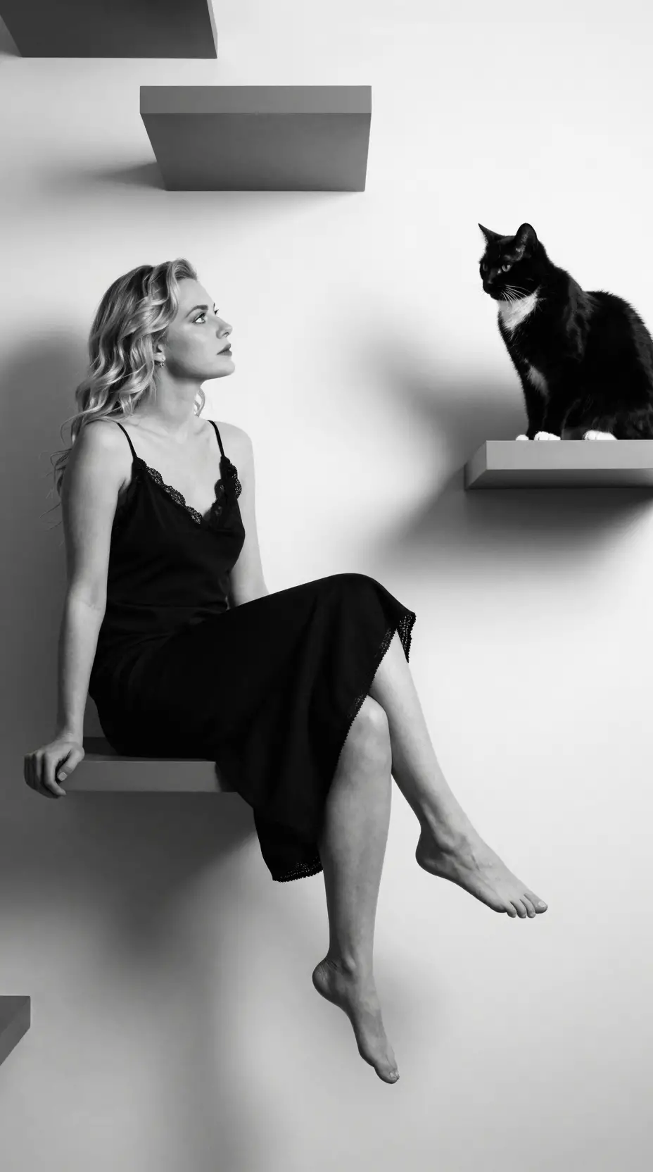 Mujer y gato en estantes flotantes en blanco y negro