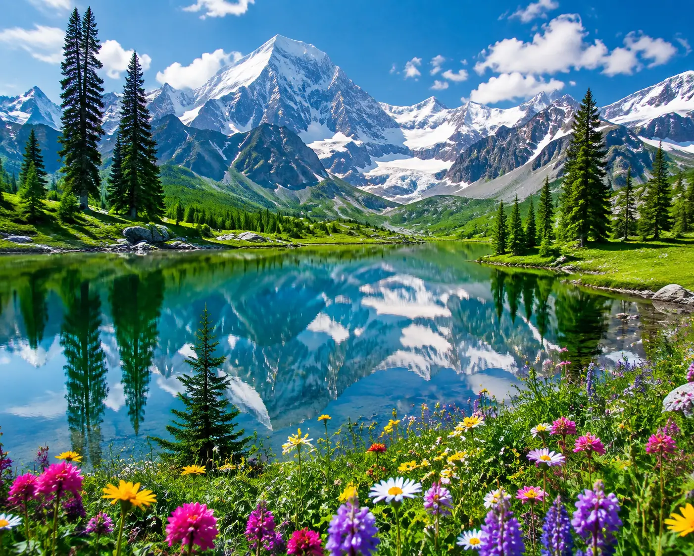 Serene Alpine Lake With Snowy Peaks And Lush Green Shore
