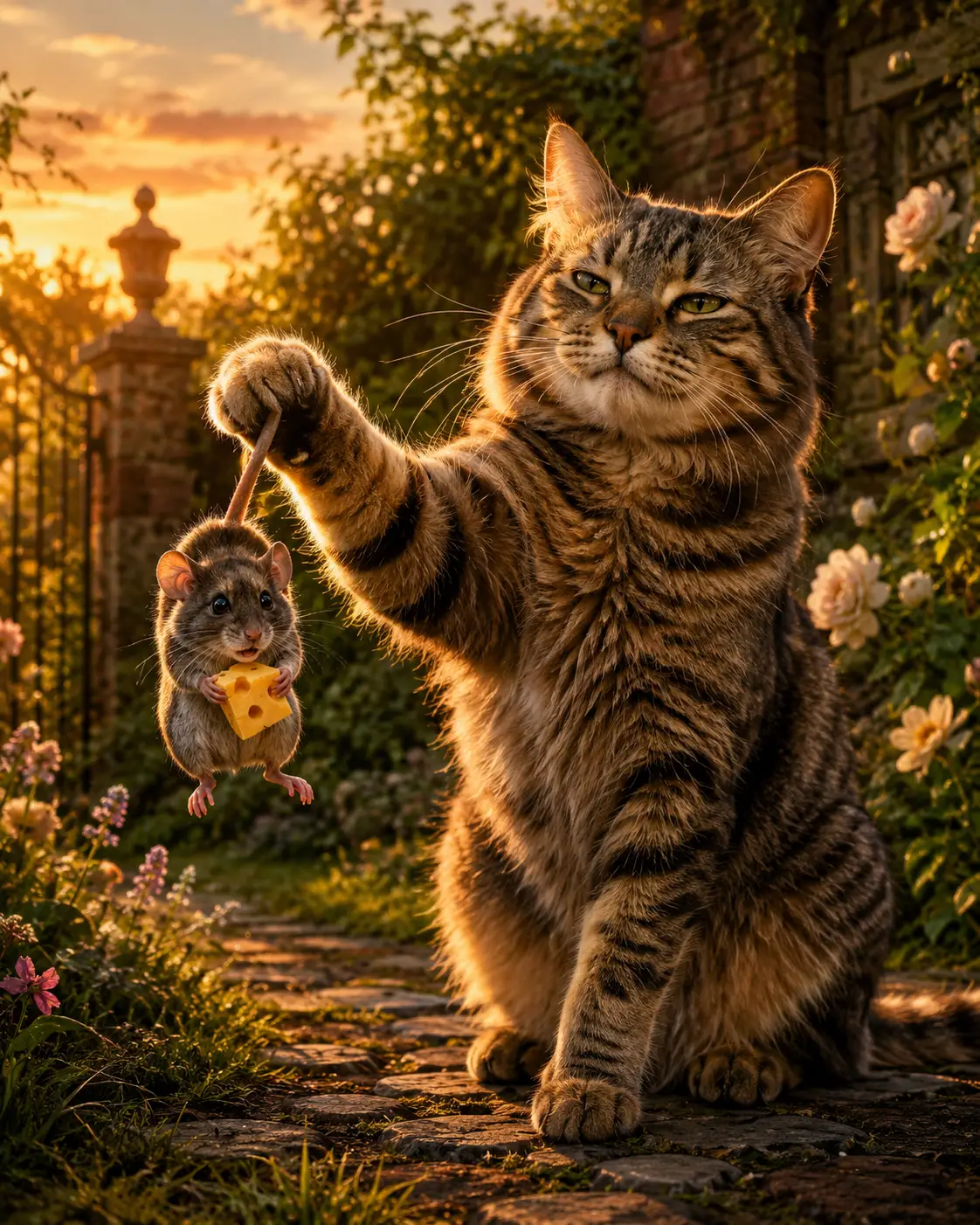 Selbstbewusste Katze fängt eine Maus im Garten bei Sonnenuntergang