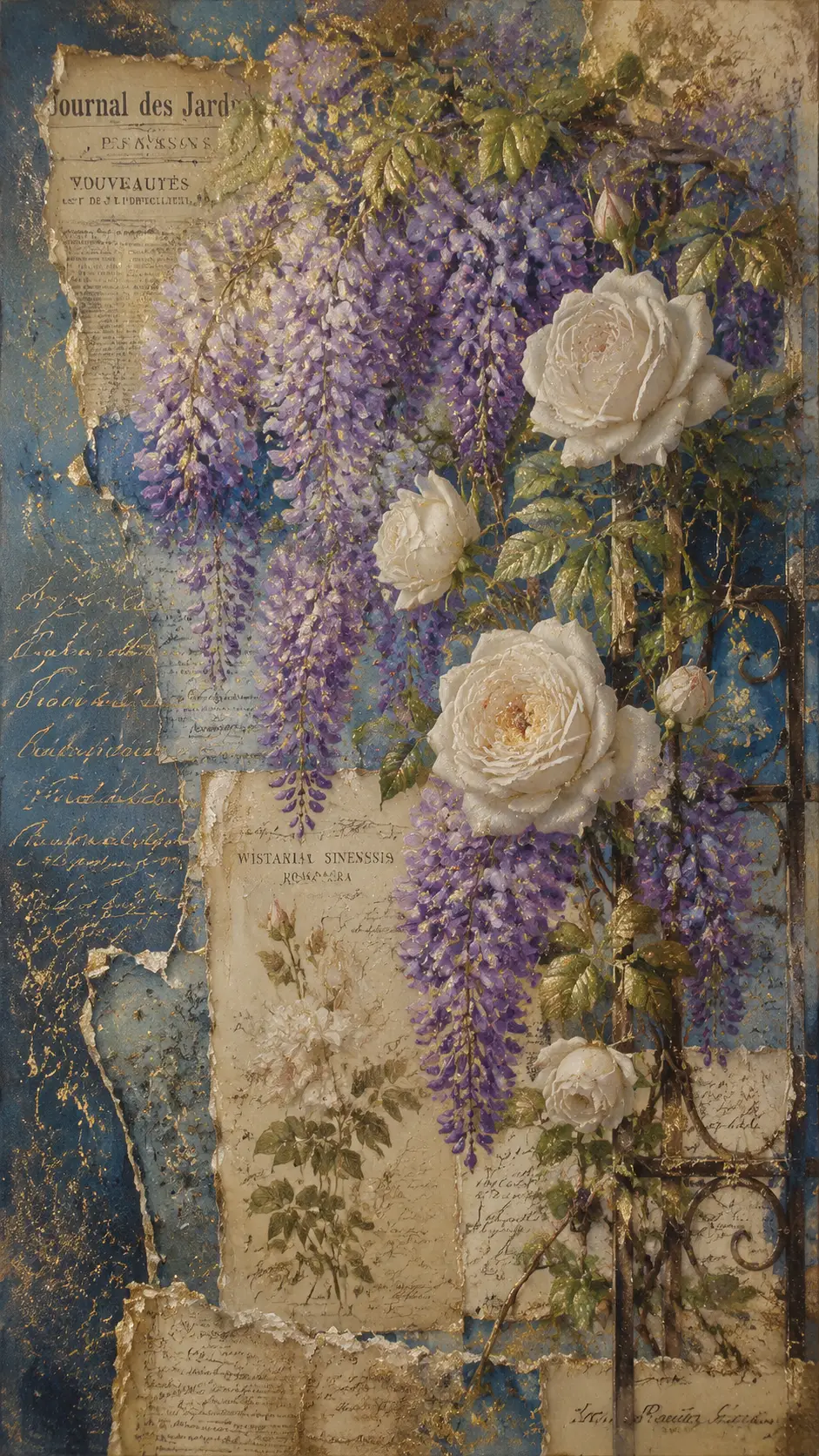 Glicine e rose bianche in collage floreale mixed media