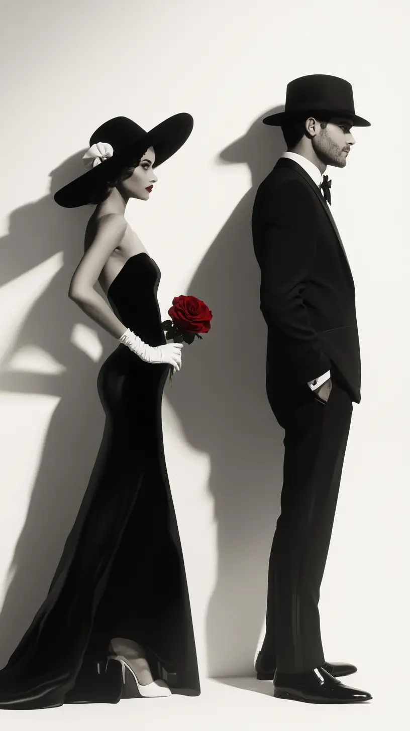 Pareja elegante con moda negra frente a pared blanca minimalista