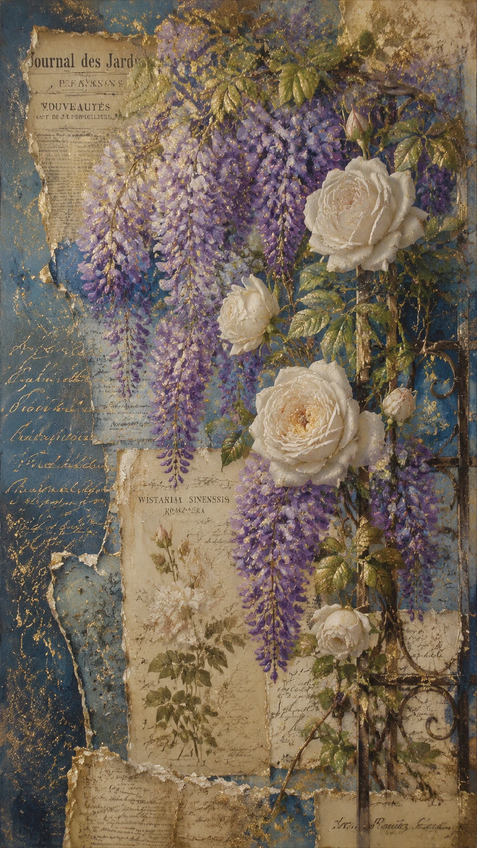 Glicine e rose bianche in collage floreale mixed media