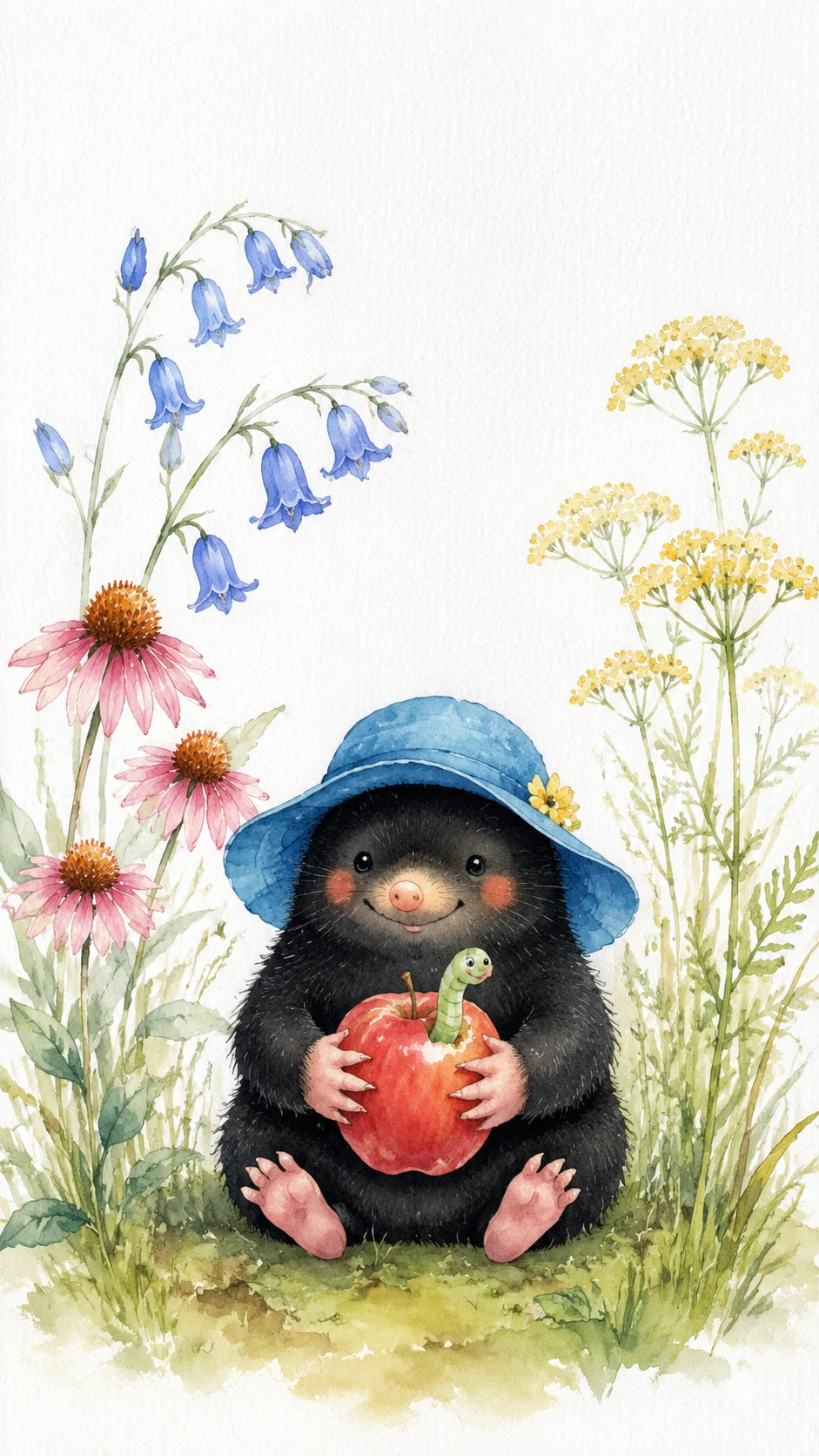 Süßer Maulwurf mit Apfel in einem ruhigen Aquarellblumenfeld