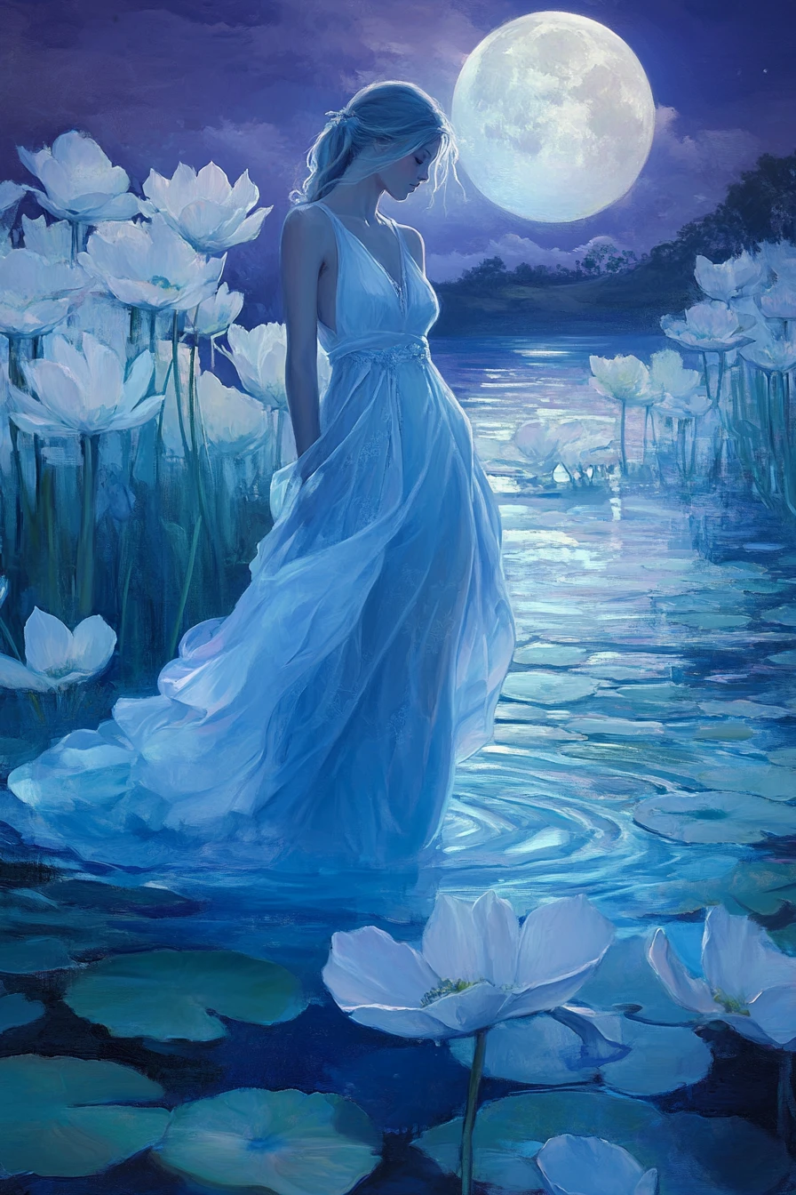 Mujer elegante con vestido azul deslizándose sobre un lago tranquilo