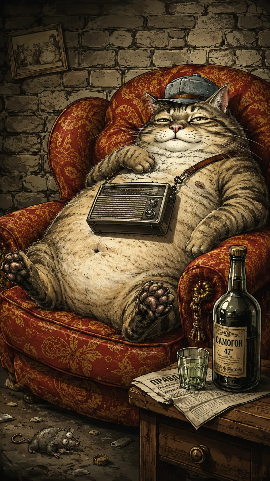 Gato listrado preguiçoso de desenho animado relaxando em uma poltrona macia