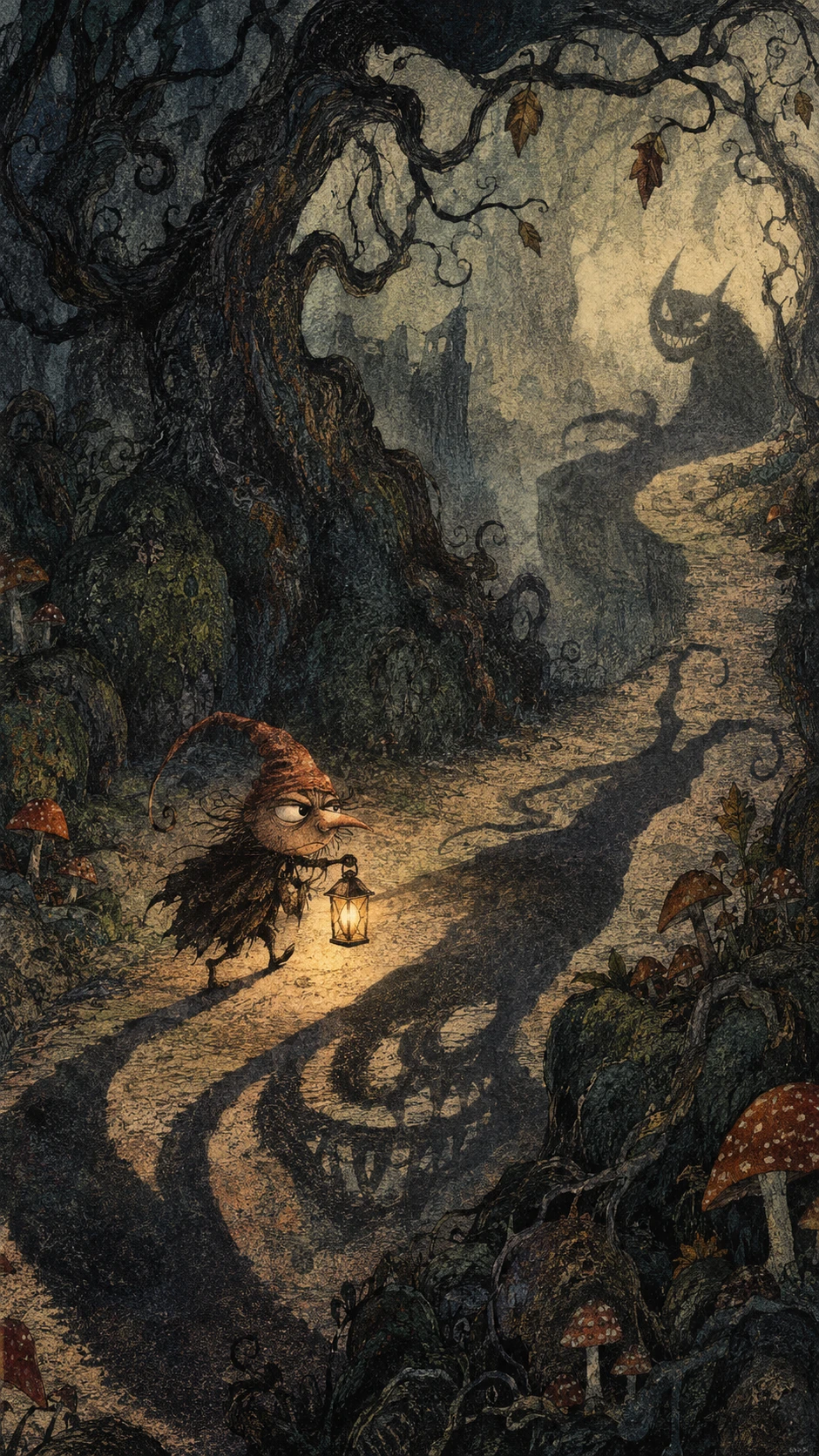 Tiny creature with lantern on a crooked forest path