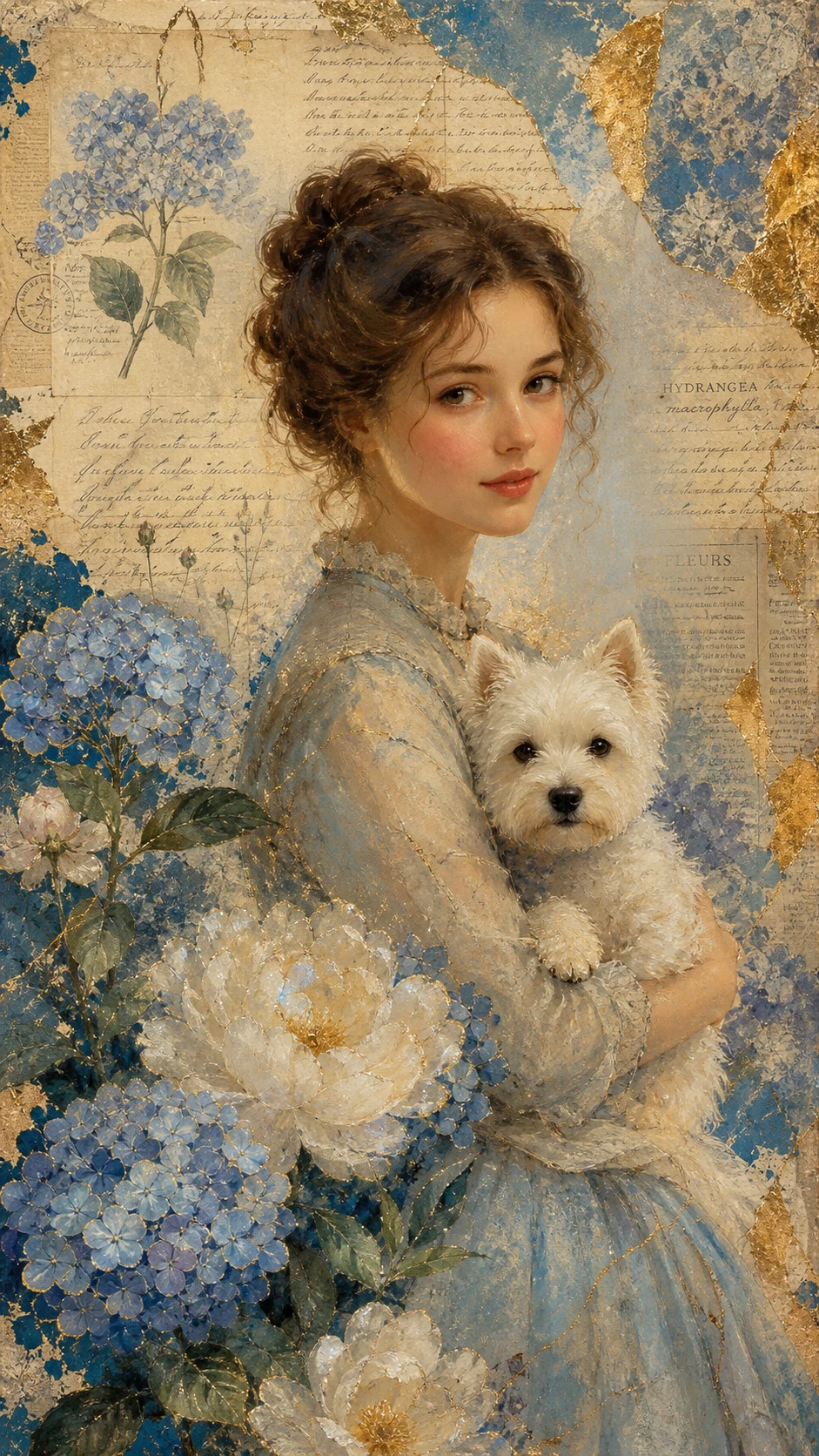 Dama vintage sosteniendo un West Highland Terrier con collage floral