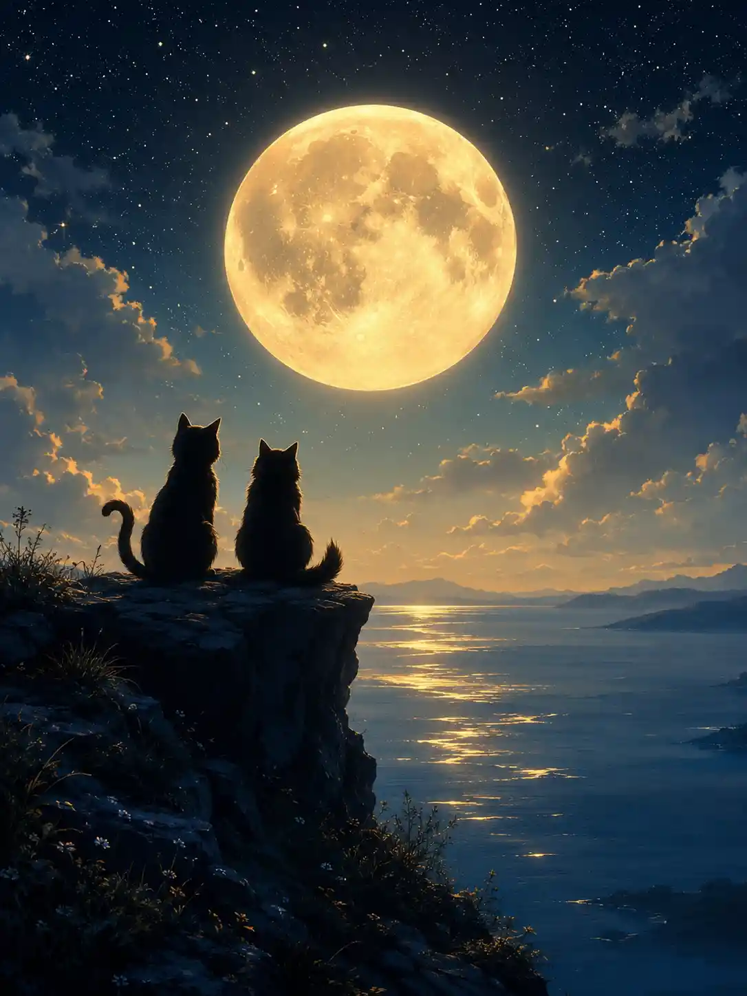 Dos gatos en silueta sentados en un acantilado a la luz de la luna