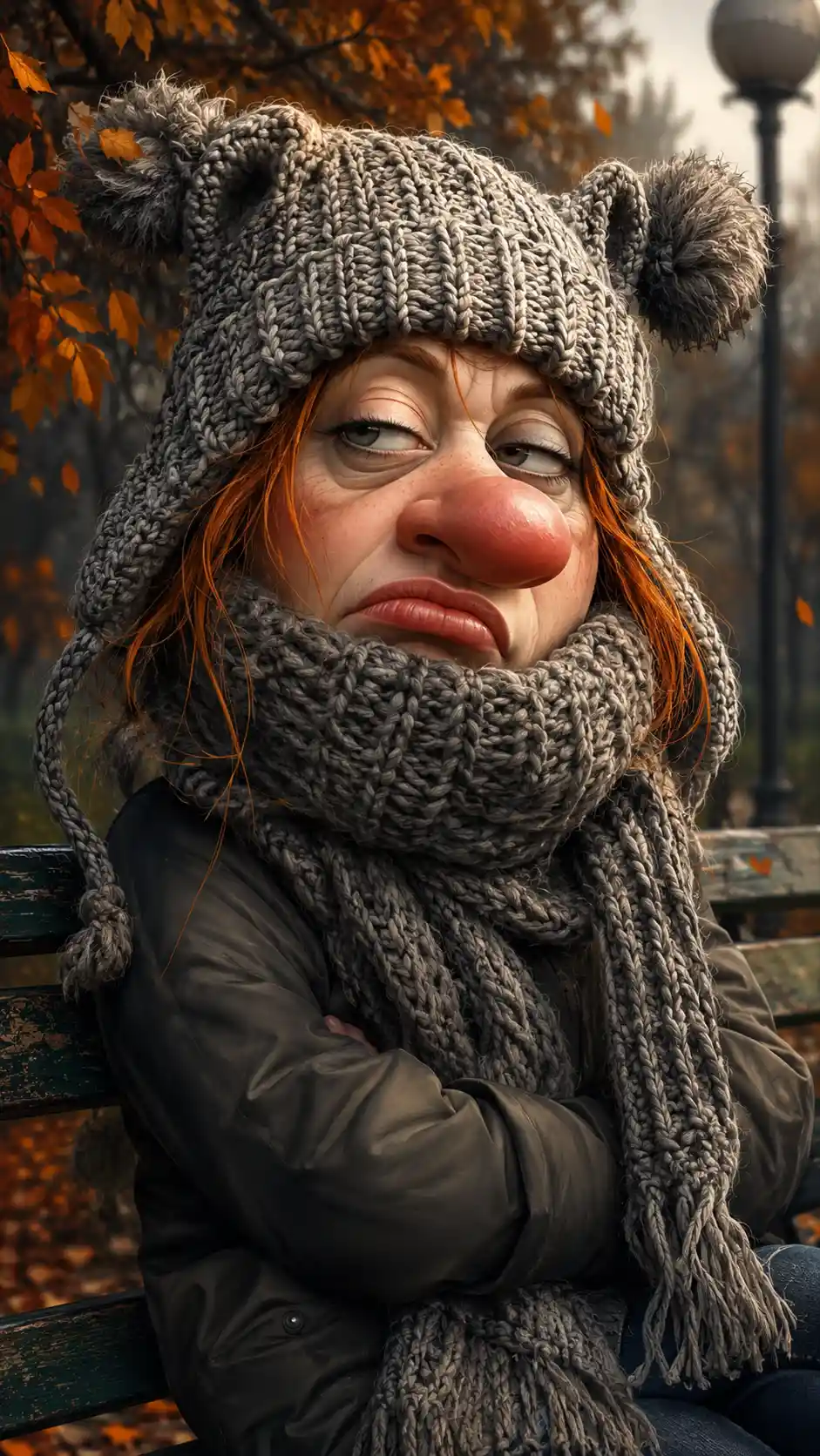 Humorous cartoon portrait of a tired red haired woman