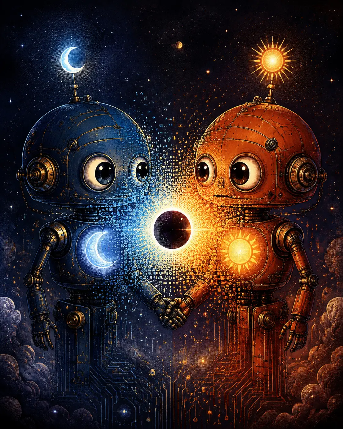 Dos robots de fantasía tomados de la mano con corazones cósmicos que se fusionan