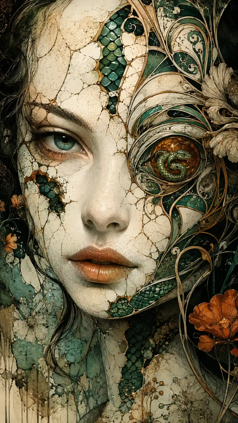 Surreal porcelain faced woman with serpentine cracked skin