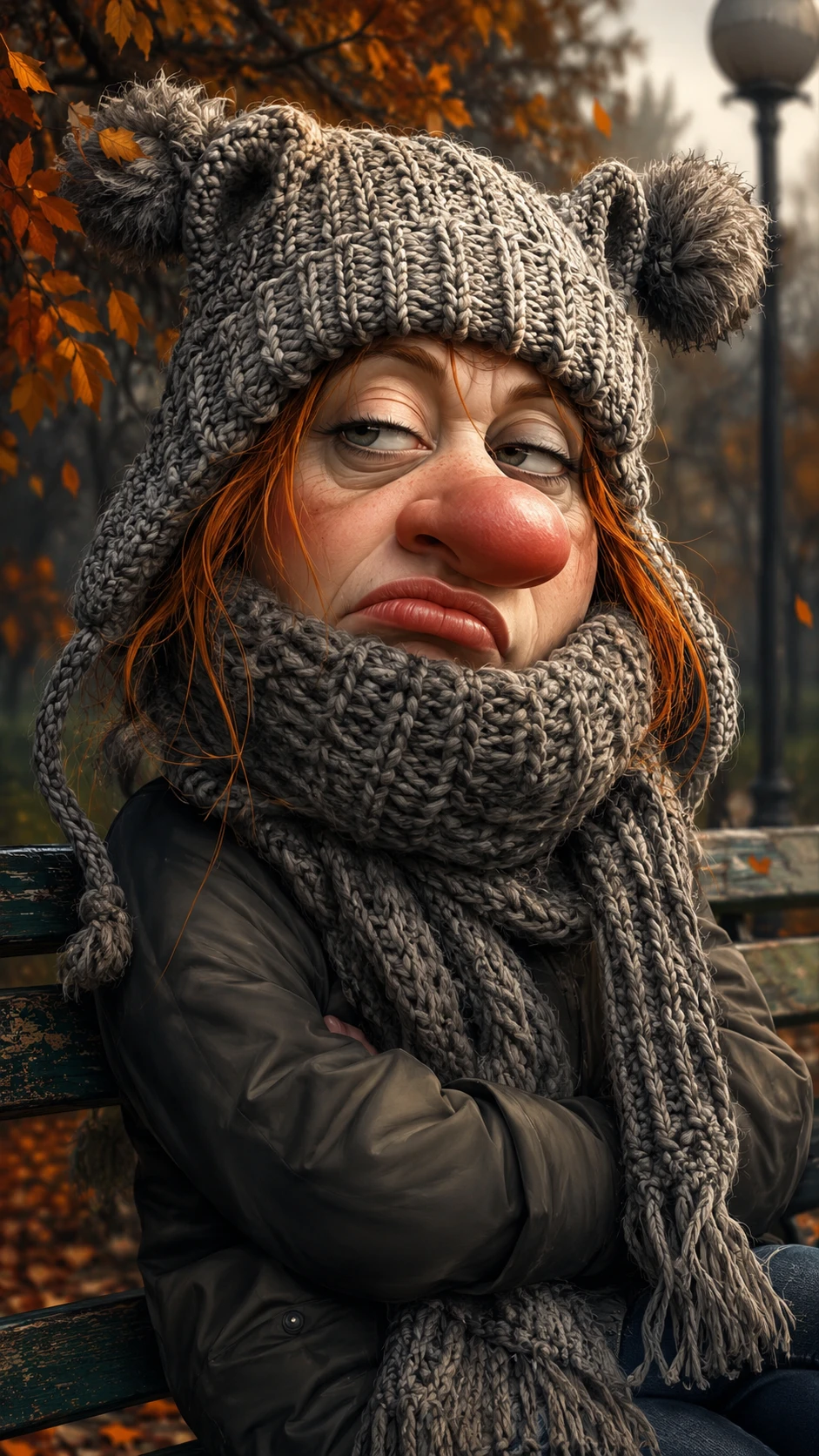 Retrato cômico em desenho de uma mulher ruiva cansada
