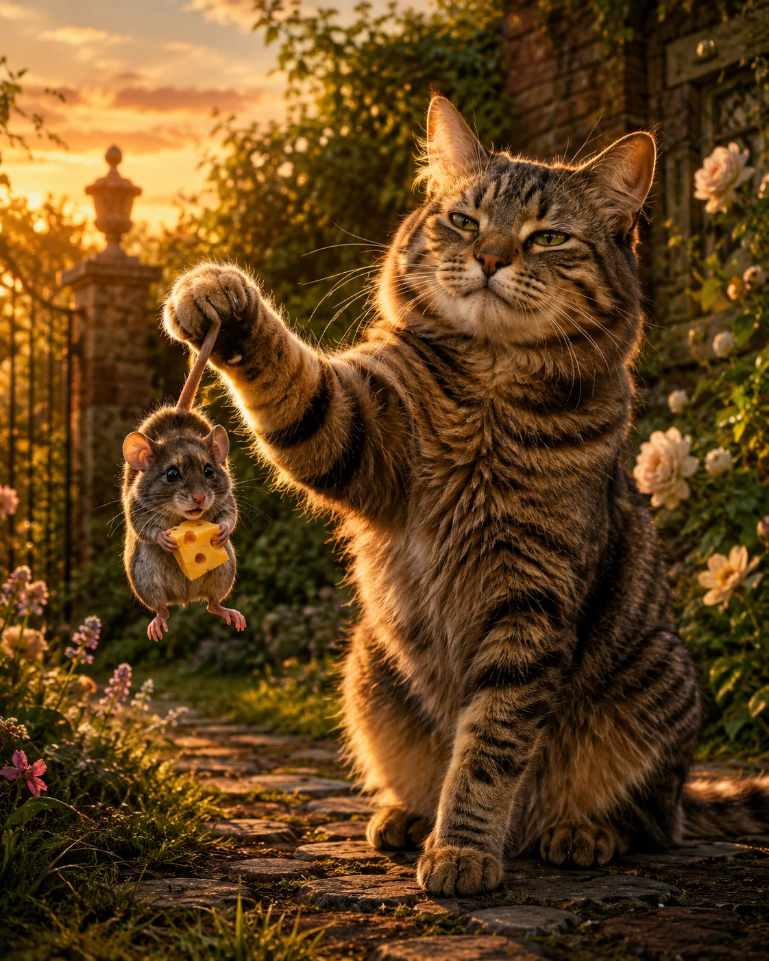 Gato confiado atrapando un ratón en un jardín al atardecer