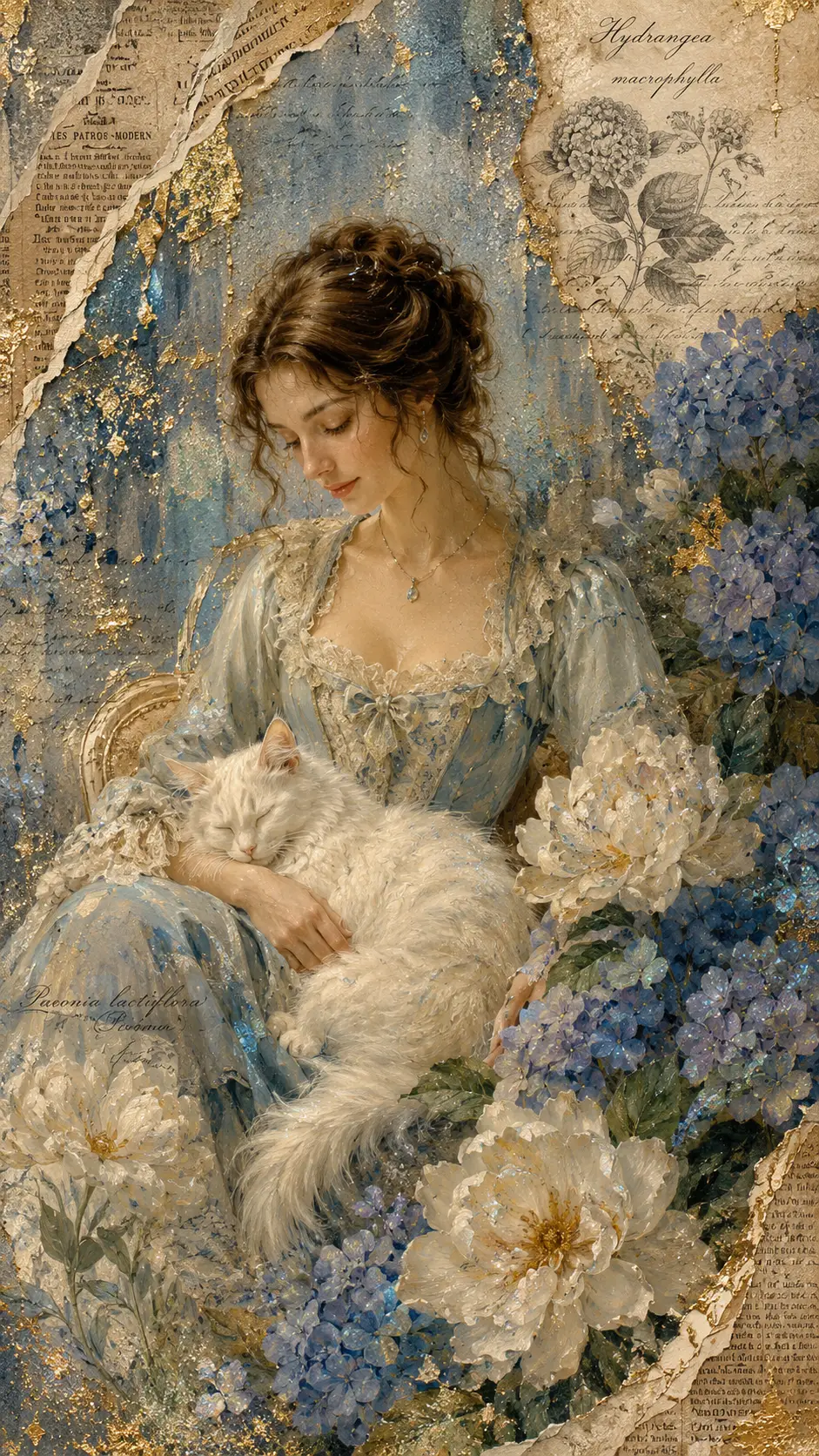 Dama elegante con gato y fondo floral azul