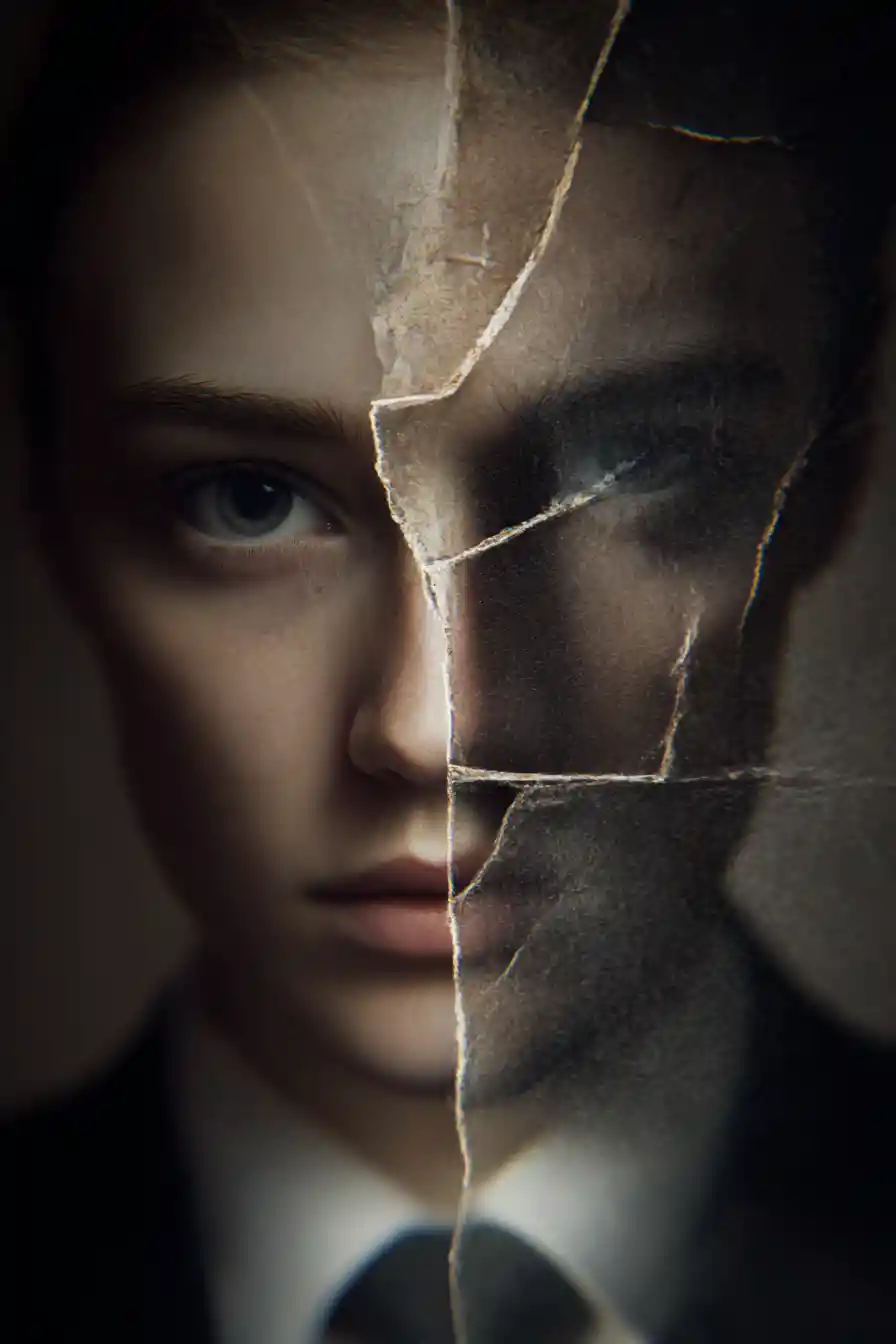 Conceptual portrait of a divided self in inner conflict