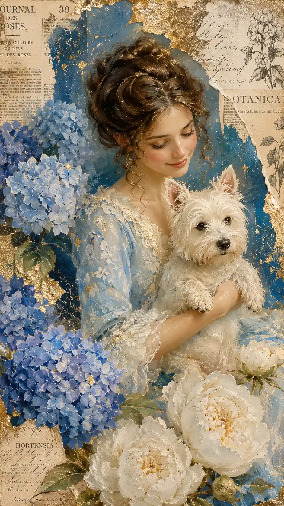 Elegante dama che tiene in braccio un West Highland Terrier tra fiori blu