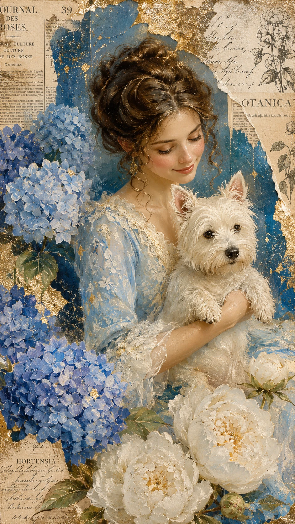Elegant lady holding a West Highland Terrier among blue flowers