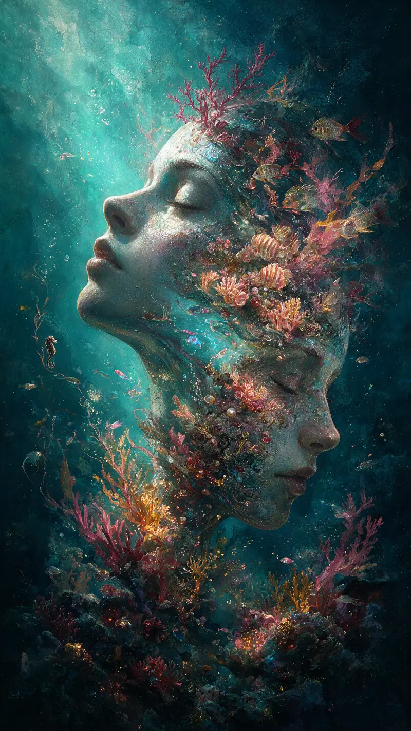 Retrato Surreal de Doble Perfil en un Paisaje Onírico Submarino Oscuro