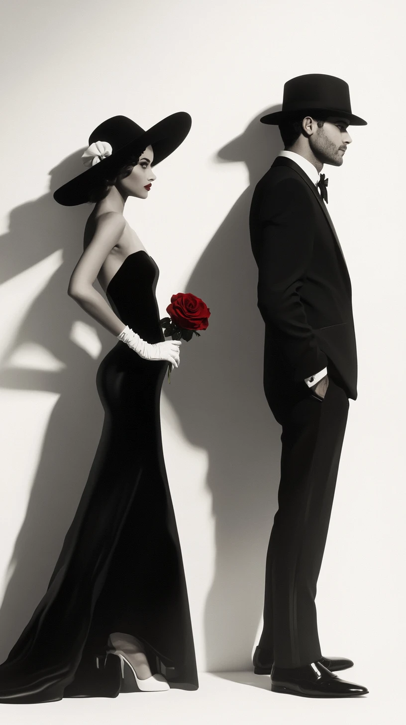 Pareja elegante con moda negra frente a pared blanca minimalista