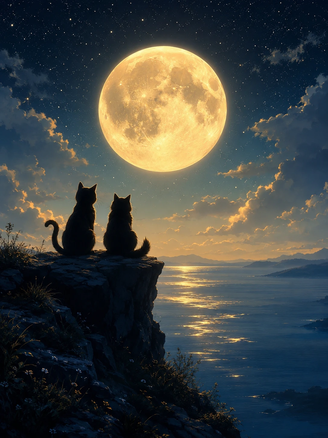 Zwei Katzen als Silhouette auf einer mondbeschienenen Klippe