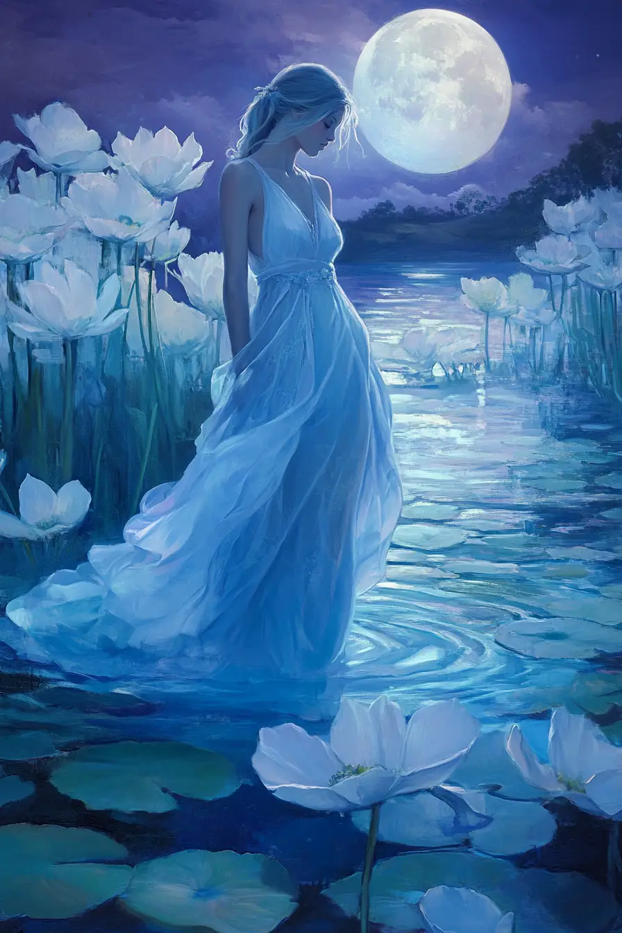Elegant woman in blue gown gliding across a tranquil lake
