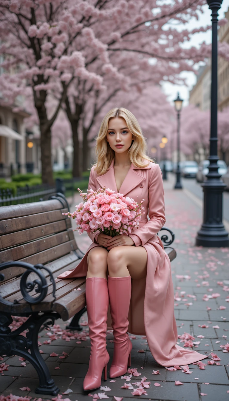 Mujer con gabardina rosa en banco de ciudad en primavera