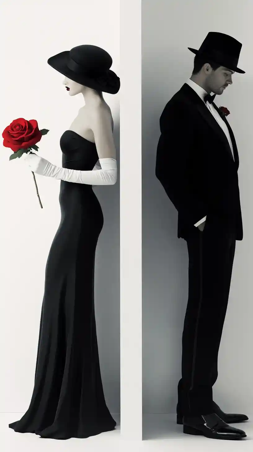 Pareja elegante con moda negra y una sola rosa roja